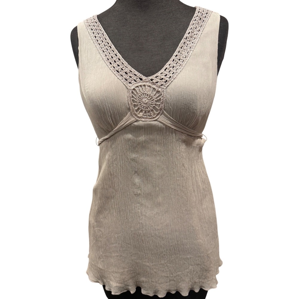 i.e. Petite 100% Silk Crochet Sleeveless Blouse Beige PM‎ Boho Empire Waist